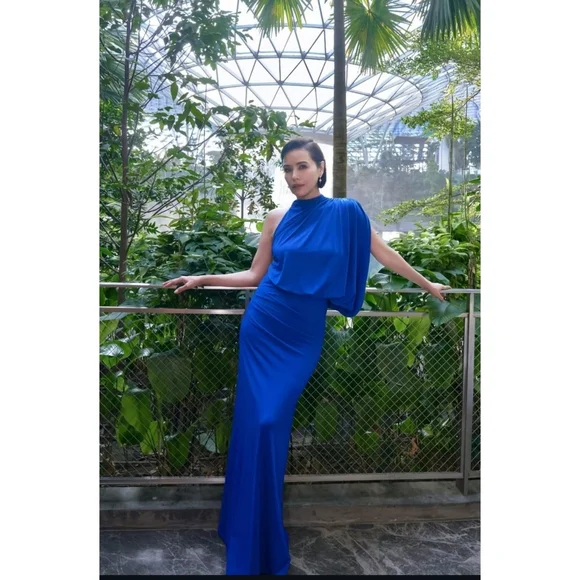 Zara Draped Cape Dress Maxi Blue NWT - Picture 4 of 16